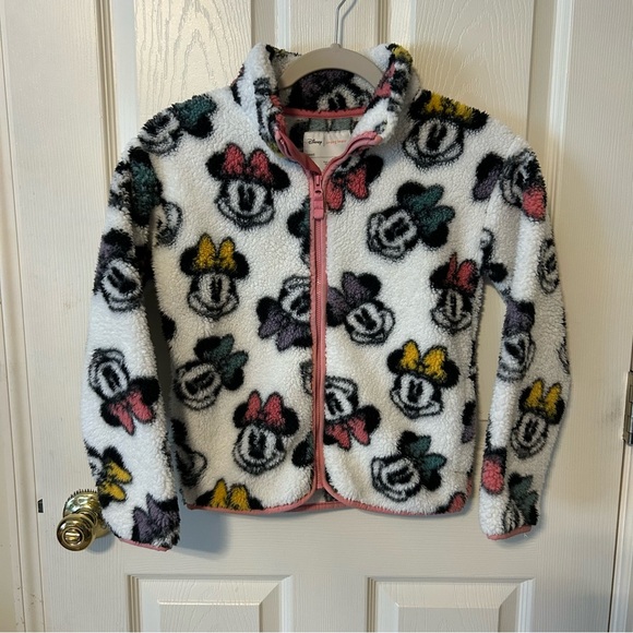 Disney Minnie Mouse Sherpa Zip Up Sweater Jacket Coat White Pink Trim Kid Size 8 - Picture 3 of 6